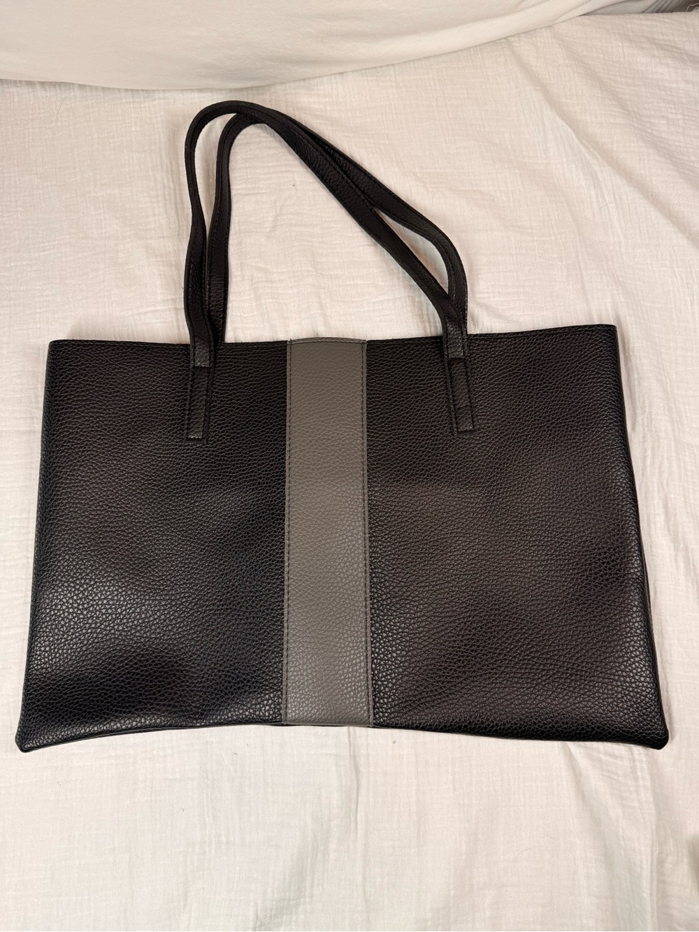 Vince Camuto Luck Faux Vegan Leather Slim Shoulder Tote Purse Bag Black Gray